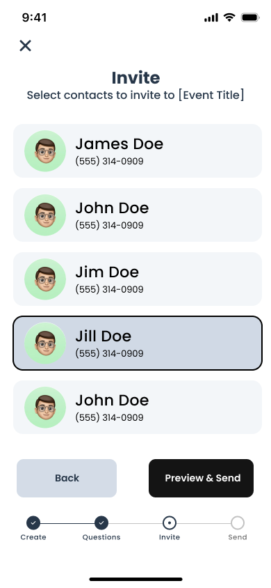 Loopin mobile app interface showing contact selection